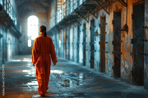 Back view of a woman in an orange prisoner's uniform walks trough the corridor between prison cells