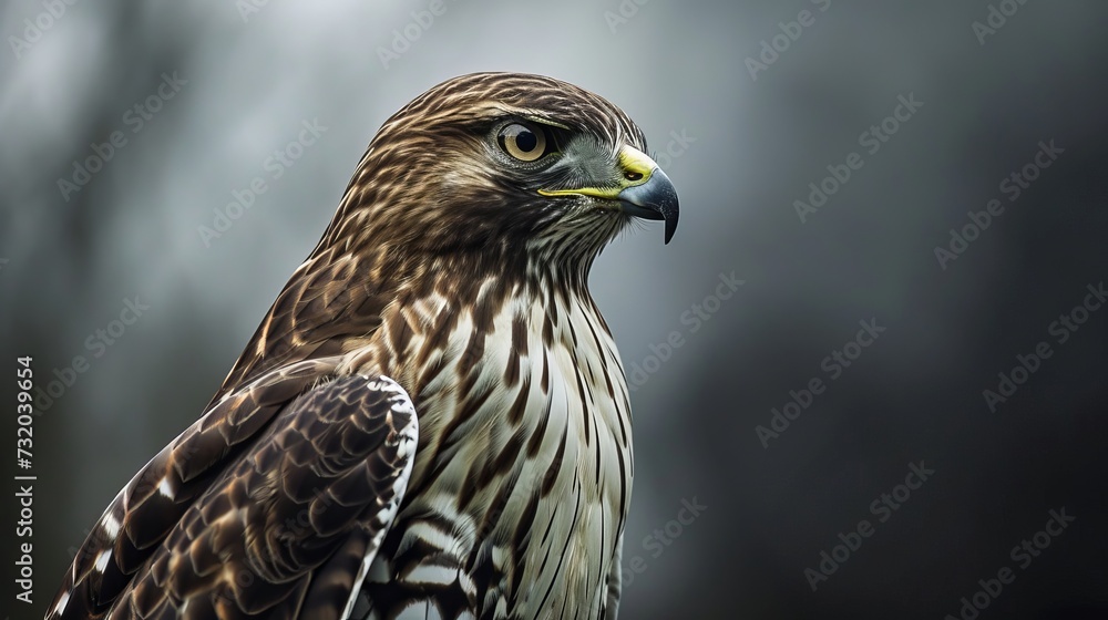 Close-Up Portrait of a Majestic Goshawk, Detailed Feathers and Intense Gaze Against a Blurred Background Close-Up Portrait of a Majestic Goshawk, Detailed Feathers and Intense Gaze Against a Blurred Background
