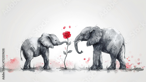 elephant sketch black and white with red rose on white background, happy valentines day, card