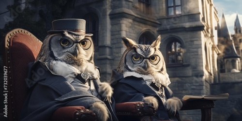 2 owls with hat sitting on top of a wall, in the style of photorealistic fantasies