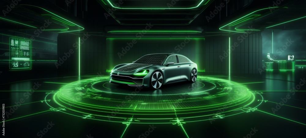 3D graphics rendering of a fully developed electric vehicle prototype. An electric car standing on a platform with green holographic neon lighting on a dark futuristic background. Future is now.