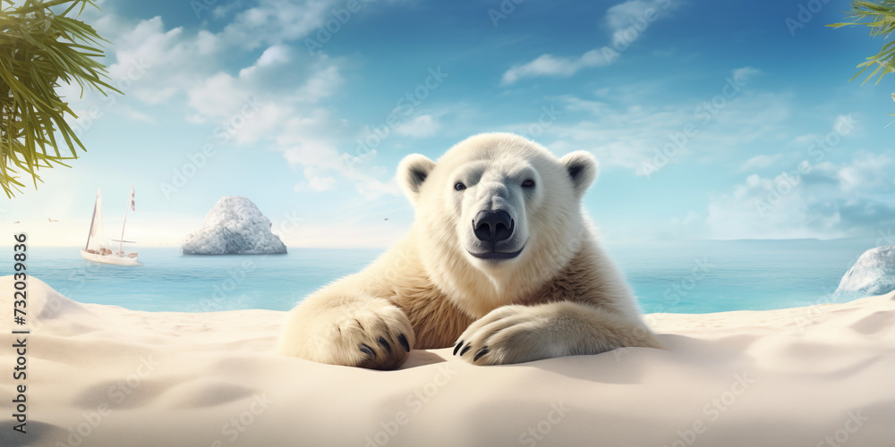 polar teddy bear sitting on the white sandy beach