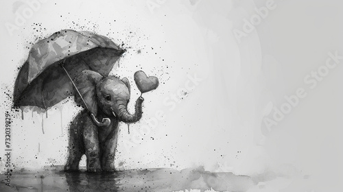 sketch of cute elephant with umbrella in rain, can be used for cards