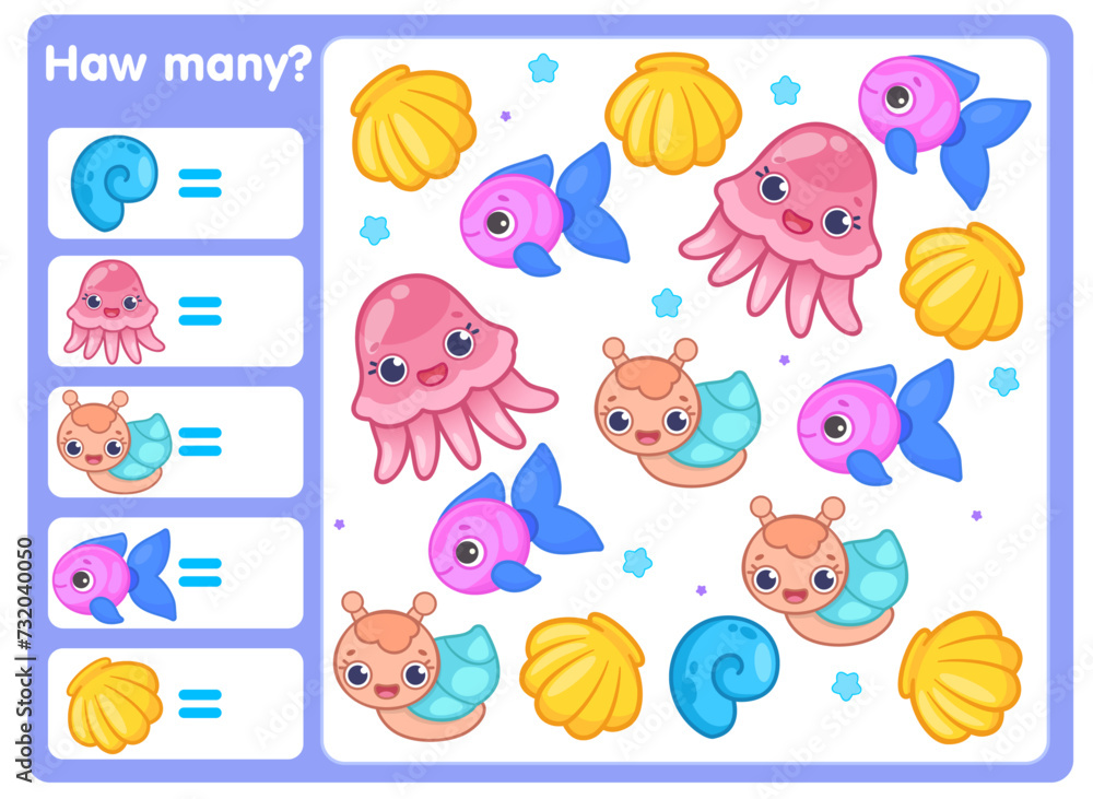 Math games for kids. How many. Count and connect. Counting sea animals. Learning to count. Learning cards for children. Math for children. Counting. Octopus, snail, shell, fish.