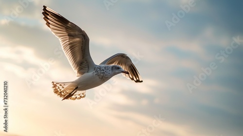 Graceful Seagull Soaring in the Golden Sunset Sky, Capturing the Essence of Freedom and Elegance photo