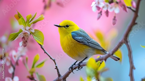 Vibrant Yellow Prothonotary Warbler Perched on Blossoming Cherry Branch Against Soft Pink Background photo