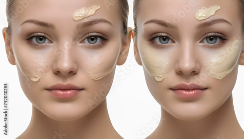 Collage of beautiful young woman with cream on her face. Skin care concept