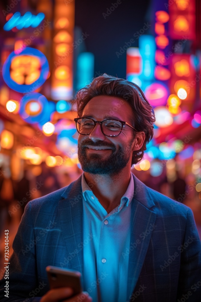 A cheerful, successful businessman texts in a downtown night, exuding elegance and confidence. A cheerful, successful businessman texts in a downtown night, exuding elegance and confidence.