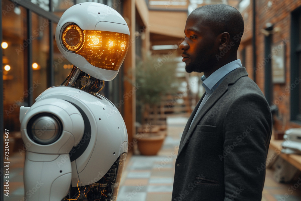 A cute, futuristic robot serves as a confident companion to an African businessman, embodying advanced technology. - obrazy, fototapety, plakaty 