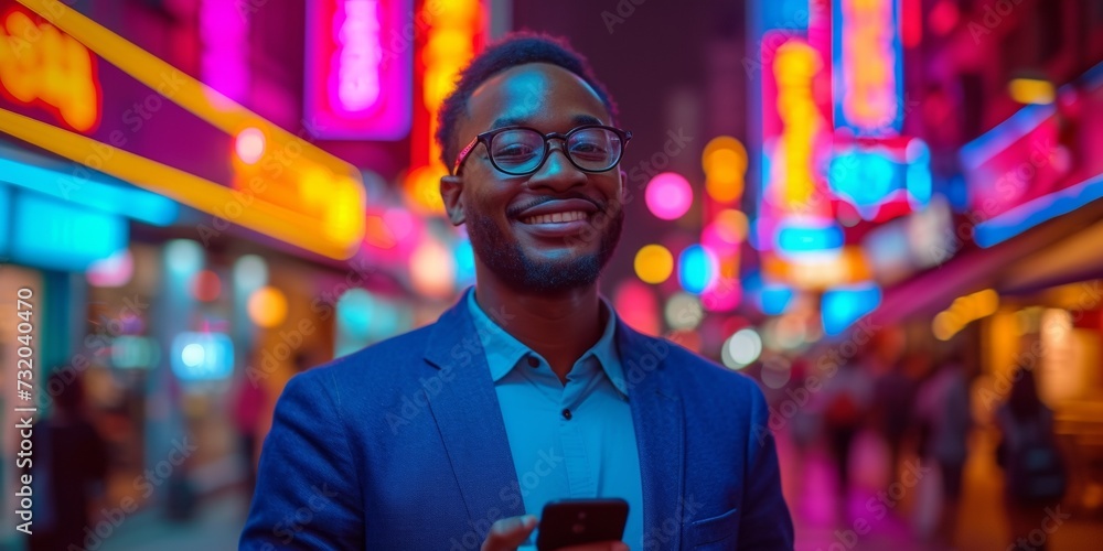 A cheerful and handsome African businessman, in a suit, strolls through the city at night, satisfied and holding a smartphone.