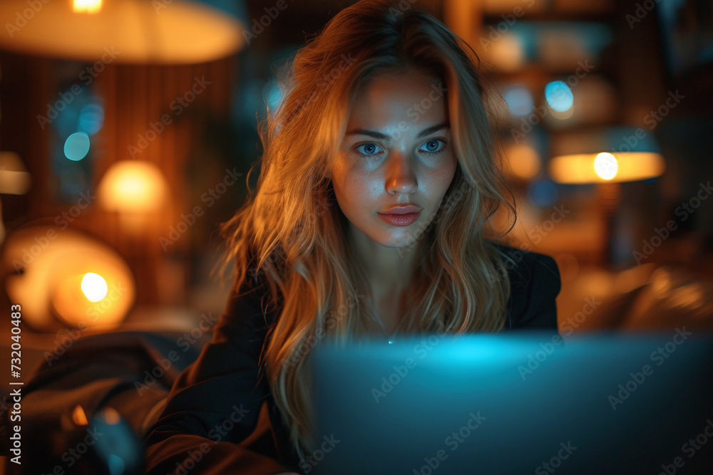 In a city office at night, a focused businesswoman overloaded with work on her laptop. In a city office at night, a focused businesswoman overloaded with work on her laptop.