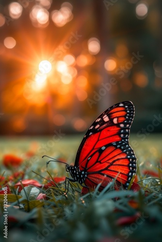 A butterfly in nature during summer, sipping nectar from a flower, showcasing vibrant beauty.