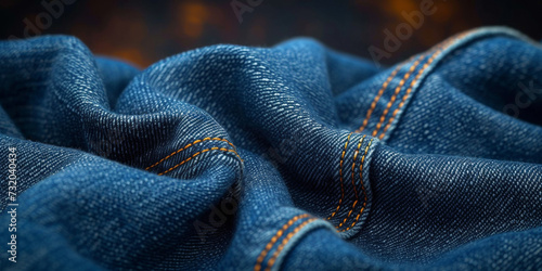 Closeup of blue denim fabric with visible seams, providing a textured and stylish background. photo