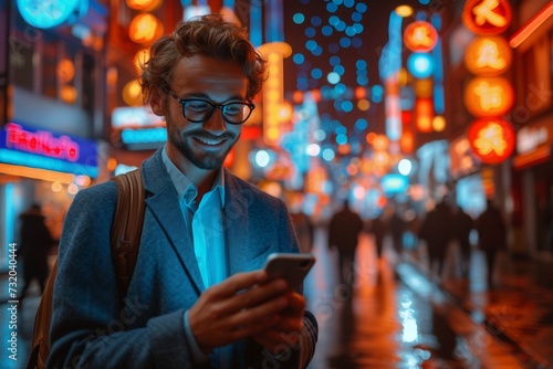 A young, smiling businessman in glasses texts on his smartphone in an illuminated downtown street.