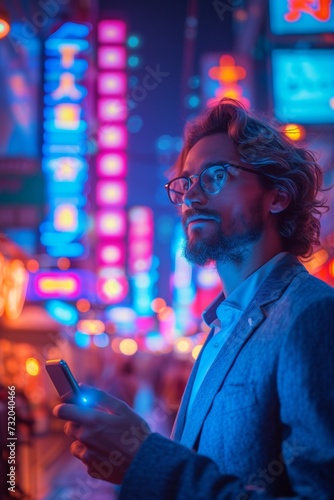 In a stylish urban portrait, a fashionable businessman explores the city at night, holding a phone in hand.