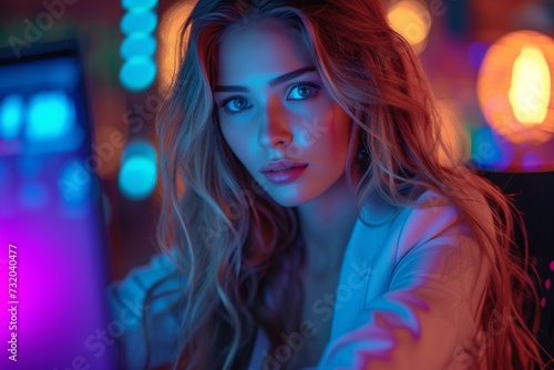 In the neon-lit night, an attractive lady poses with a laptop, showcasing trendy style.