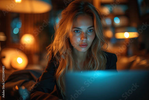 In a city office at night, a focused businesswoman overloaded with work on her laptop.