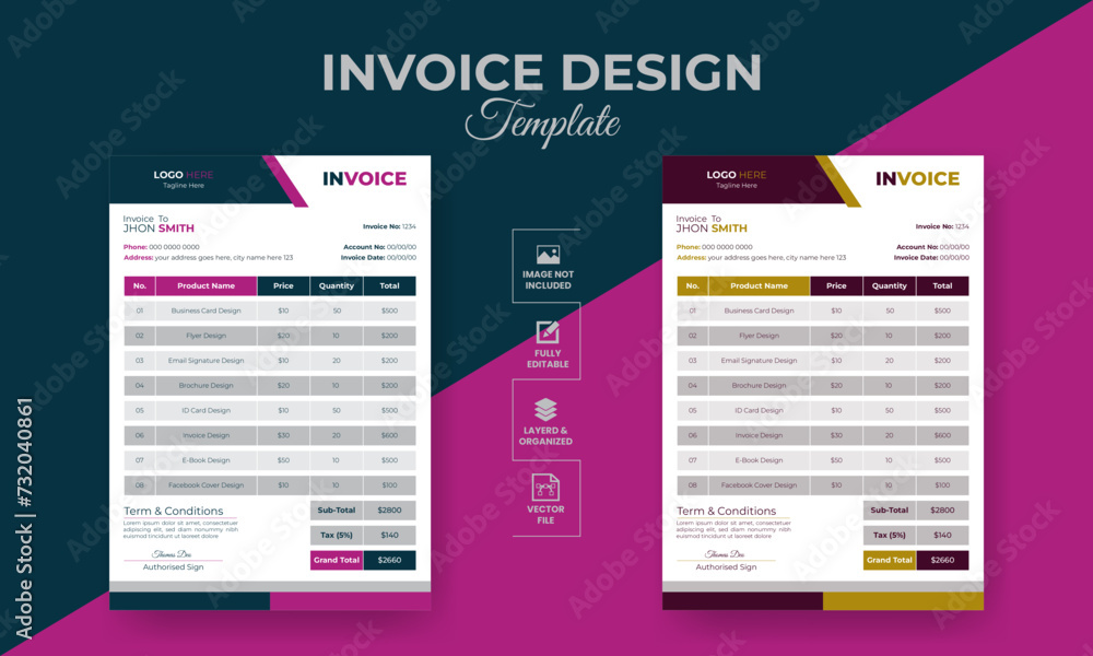 Minimal invoice or bill form design template for business and office with best layout.