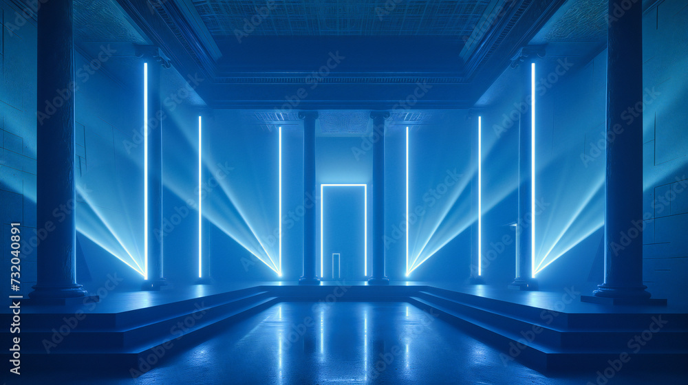 Glowing blue corridor with futuristic design elements, showcasing modern architecture and neon lighting