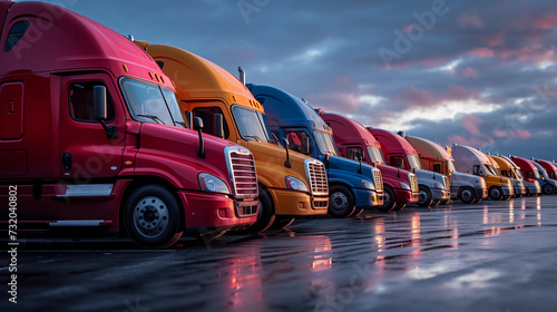 a row of semi trucks parked in a parking lot