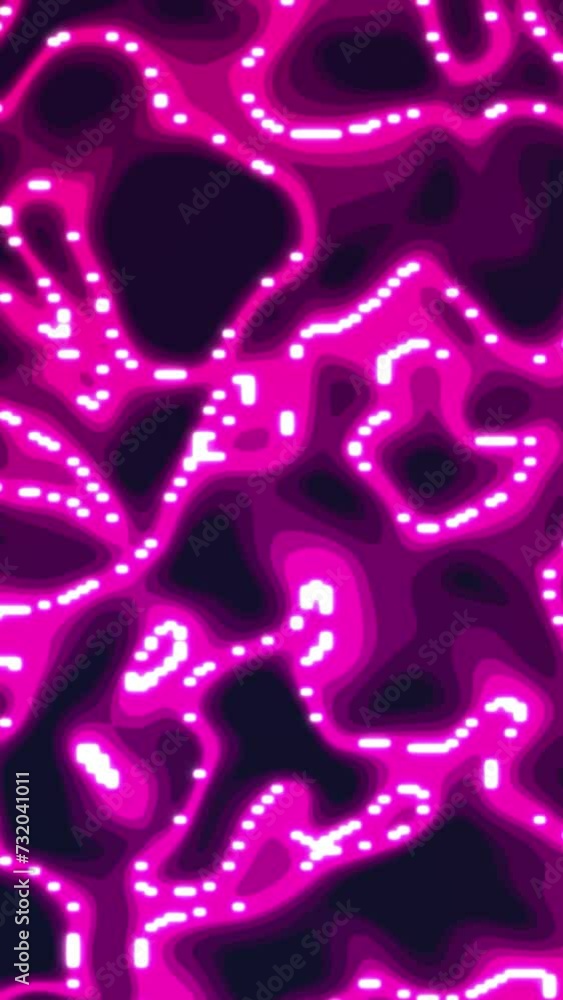 Abstract moving pink glowing lines on a dark background seamless looped animation. Abstract moving topographic map lines. Moving waving lines on orange background.