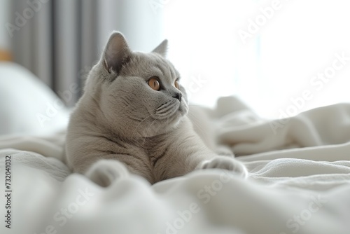A gray kitten rests peacefully on a soft fabric bed. Kitten with curious eyes and captivating innocence in a charming vision of comfort.