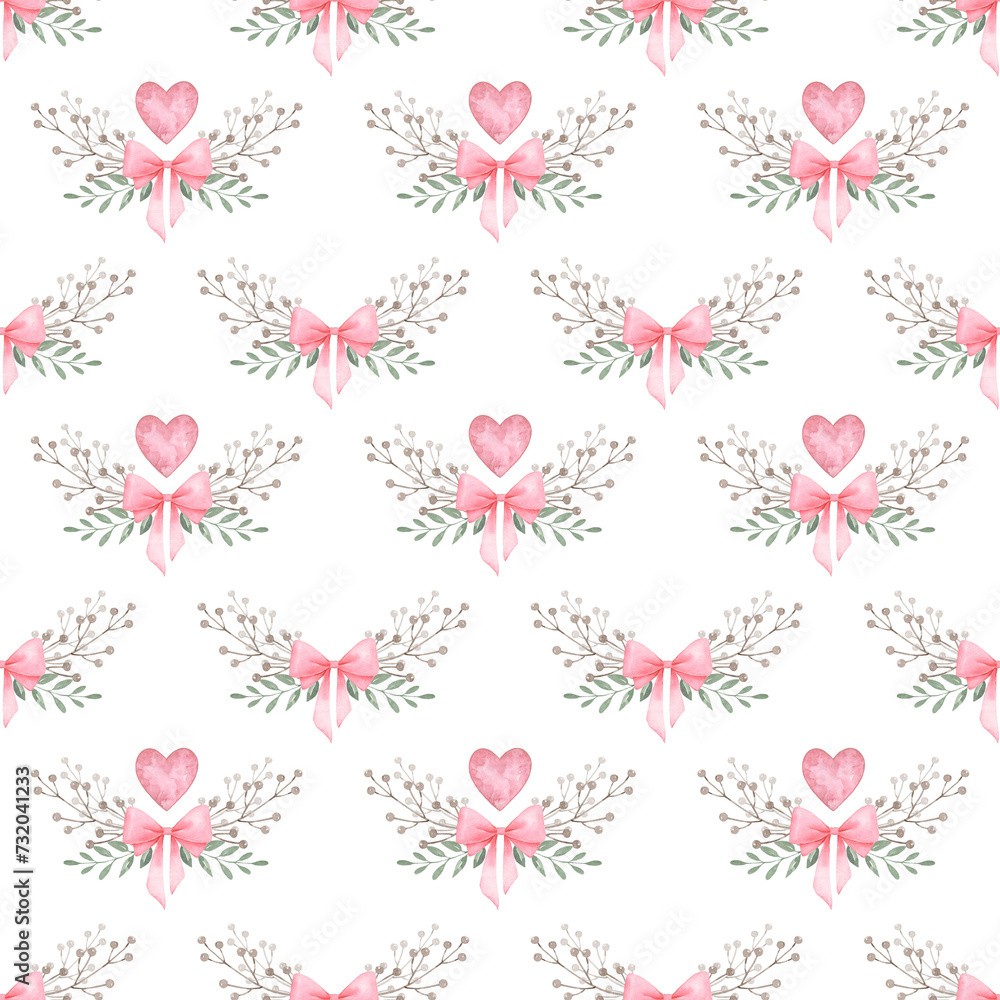 Botanical seamless pattern with pink hearts and bows. Watercolor hand painted background.