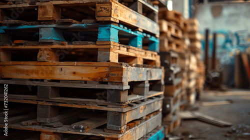 a stack of wooden pallets in a warehouse