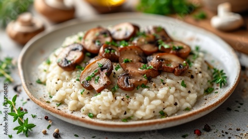 Close-up of white ceramic plate with mushroom risotto on wooden table. Fresh herbs and spices scattered around, highlighting the dish vividness. Traditional Italian cuisine.