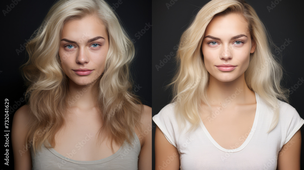 Make over. young blonde women, before and after visiting a beauty parlour hair style and make up Make over. young blonde women, before and after visiting a beauty parlour hair style and make up