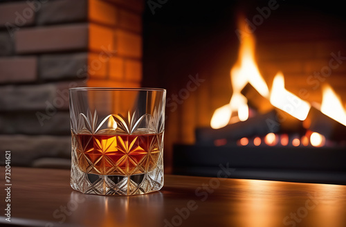 A glass of Scotch whiskey with ice on the bar counter, against the backdrop of a fire in the fireplace.
