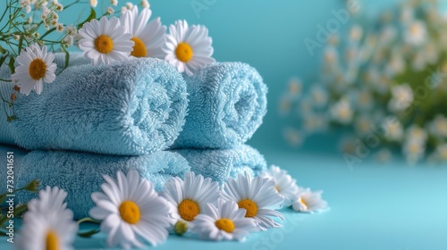 Arrangement of bath towels and lovely flowers