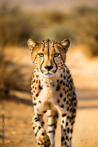 Cheetah walks looking straight into the frame in nature, light blurry background