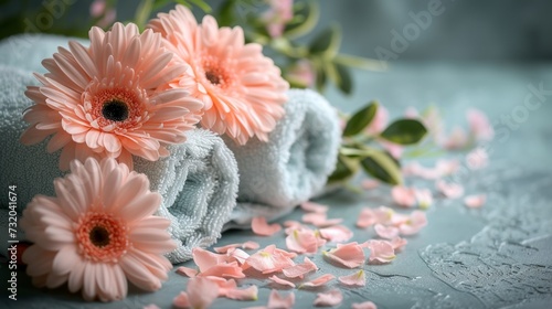 Arrangement of bath towels and lovely flowers