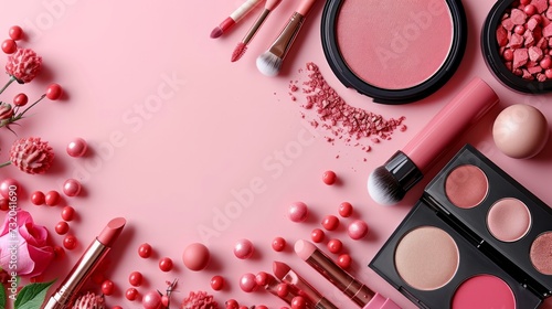Symmetrical layout of decorative cosmetics on a clean background