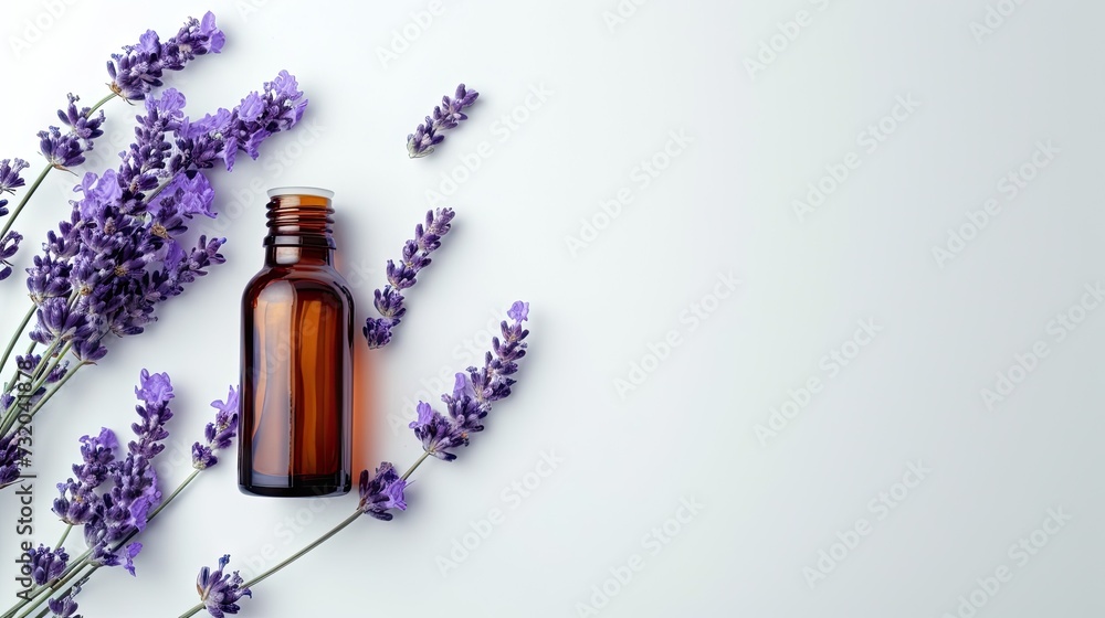 Fototapeta premium Aromatherapy concept: Lavender essential oil in a glass bottle with pipette. Mockup on a white background with copy space. Serum