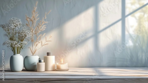 Serene and tranquil setting with minimalist decorative cosmetics, promoting a...