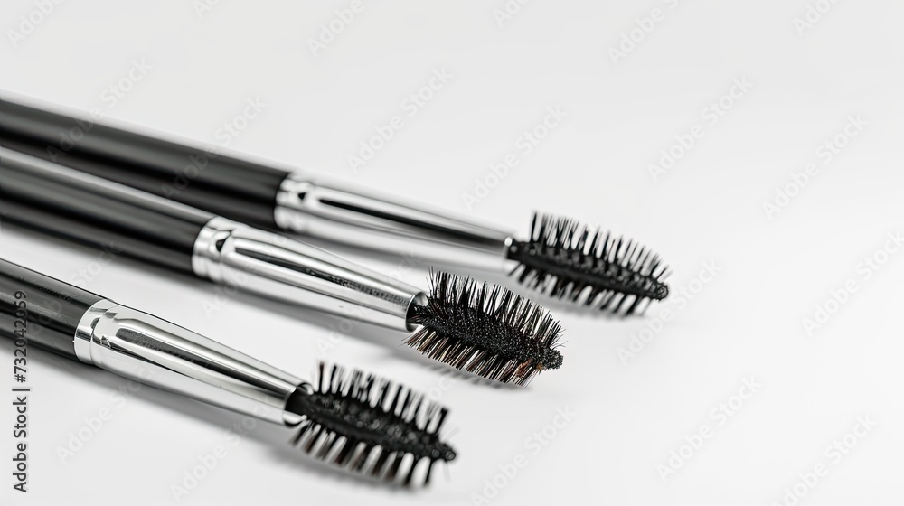 Cosmetic essentials: Mascara brushes isolated on a white background. Makeup brushes and kits. Disposable brush for eyelashes and eyebrows. Close-up Cosmetic essentials: Mascara brushes isolated on a white background. Makeup brushes and kits. Disposable brush for eyelashes and eyebrows. Close-up