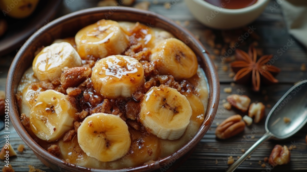 Clean composition showcasing desserts topped with golden-brown caramelized bananas Clean composition showcasing desserts topped with golden-brown caramelized bananas