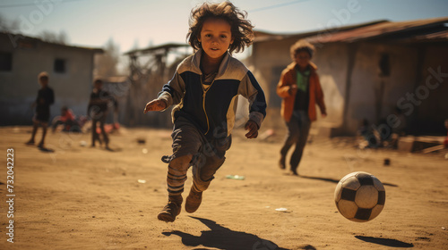 Young child, learning to play football at in village