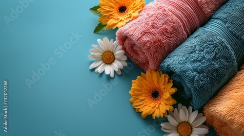 Arrangement of bath towels and lovely flowers