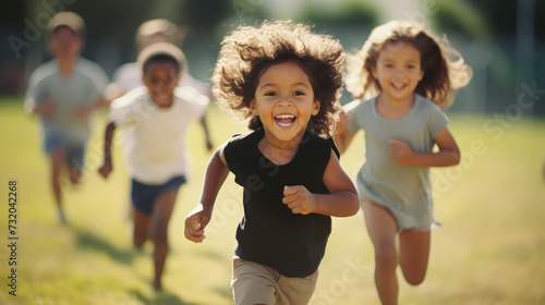 Children in joyful sprint, embodying pure bliss, capturing a moment of innocent playfulness  the lush green setting underscores a theme of natural vitality © David