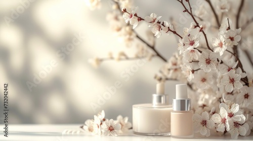 Serene and tranquil setting with minimalist decorative cosmetics, promoting a...