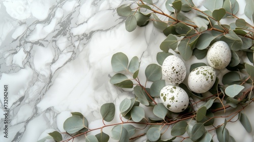 branches of eucalyptus decorated with eggs and green leaves on white marble