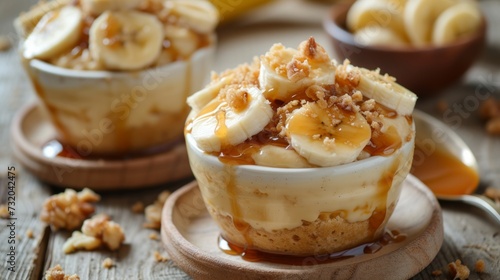 Clean and understated photo evoking a sense of bliss with desserts and caramelized banana toppings