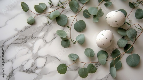 branches of eucalyptus decorated with eggs and green leaves on white marble