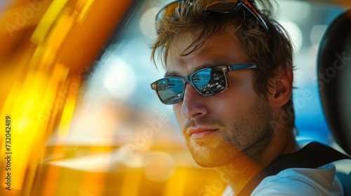 Minimalist image showcasing a confident young taxi driver against an abstract...