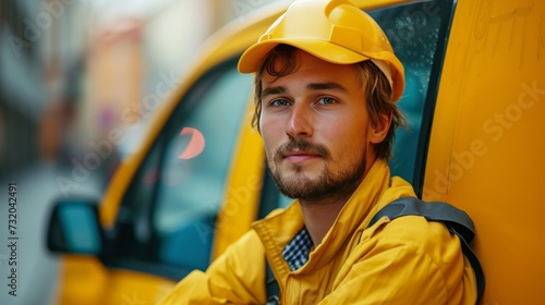Minimalist image showcasing a confident young taxi driver against an abstract...