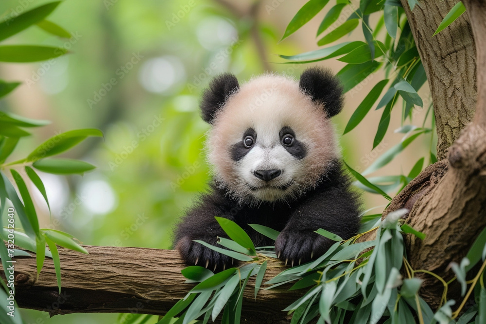 Fototapeta premium Baby panda eating bamboo in the forest, National panda day