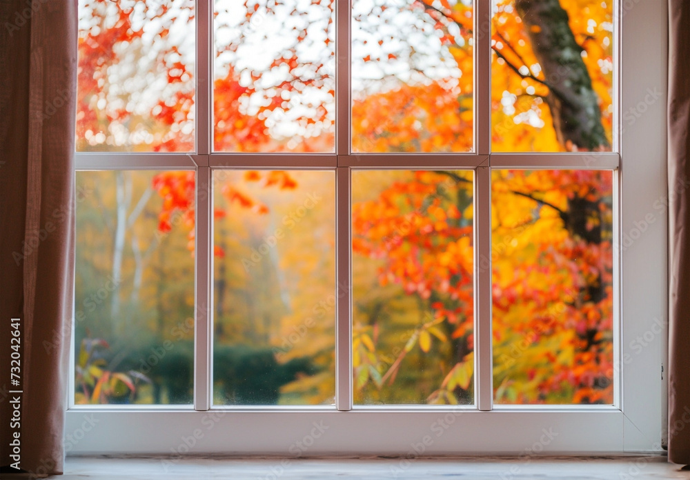 Fototapeta premium White tall window sill with autumn garden on background
